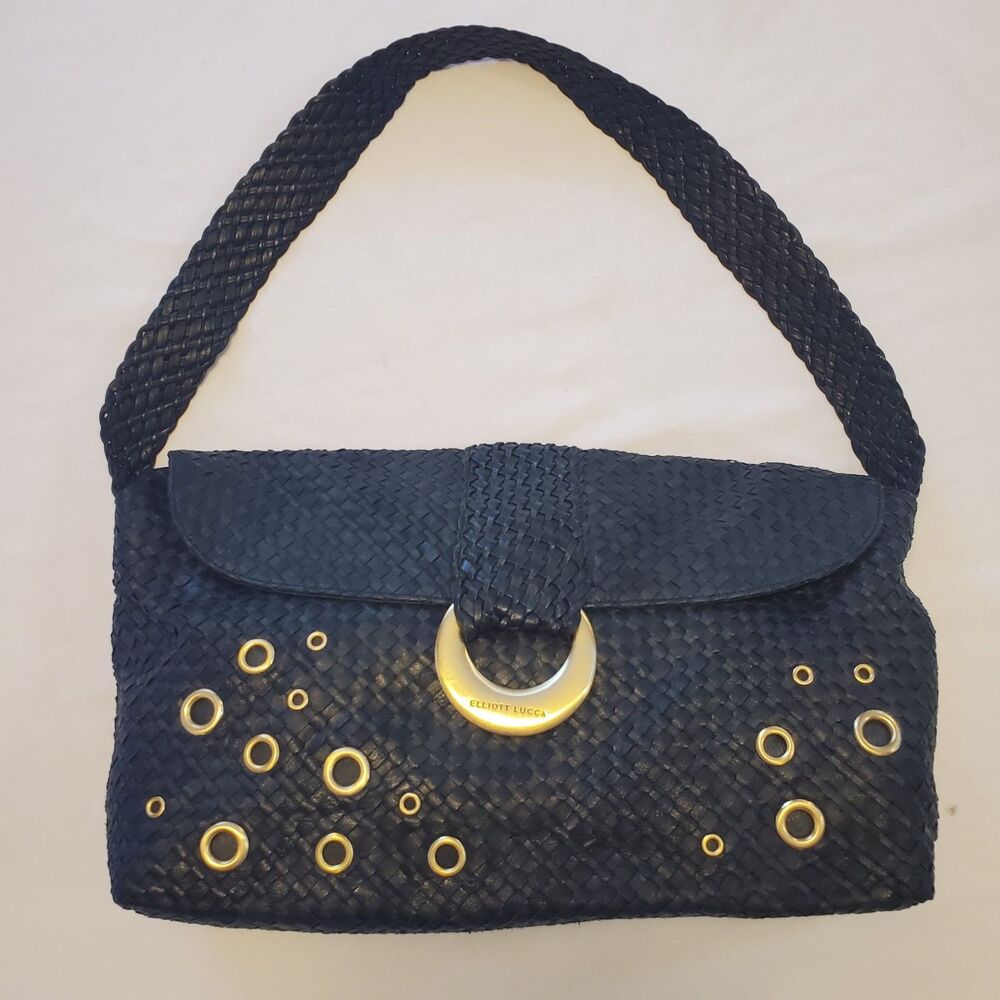 Elliott Lucca Black Leather Braided Slouch Shoulder Bag Bronze Bubble Hardware